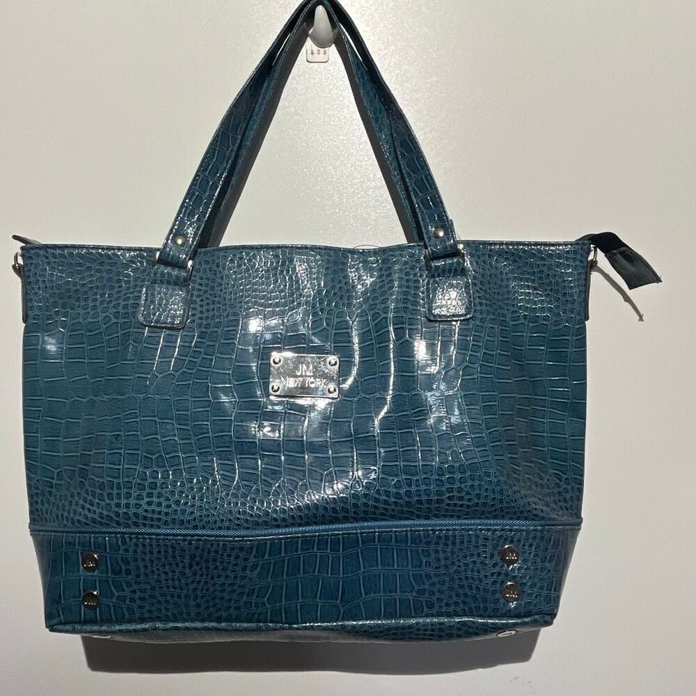JM New York Teal Blue Crocodile Embossed‎ Tote Bag Silver Hardware Handbag